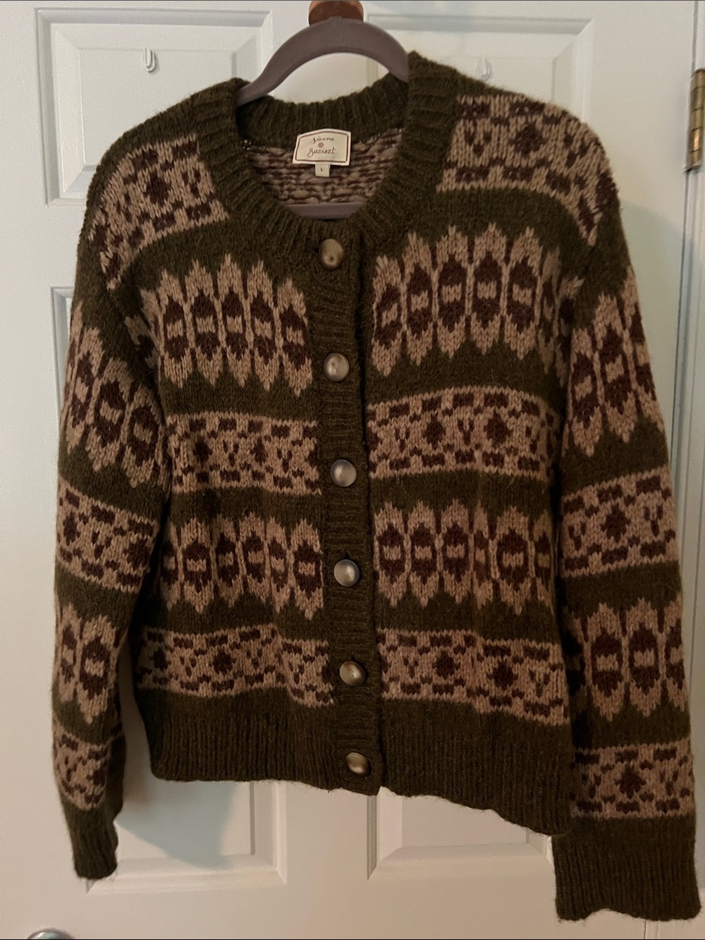 Sezane Olive and Beige Patterned Wool-Blend Cardigan